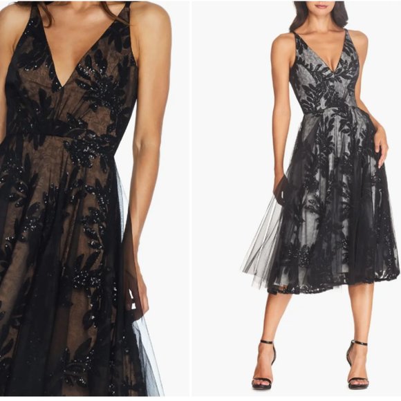 DRESS THE POPULATION COURTNEY SEQUIN LACE BLACK/NUDE COCKTAIL MIDI DRESS sz S - Picture 4 of 4